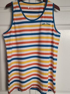 Dutch Bros Coffee Mens Striped Blue Yellow Orange Retro Embridered Logo Tank, L